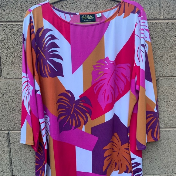 Bob Mackie Pink Purple Orange Abstract Fern Design on XL Top With Slits at Wrist - Picture 1 of 12